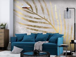 Fototapeta Dech letního větru - zlatý list palmy na šedém pozadí s vzorem