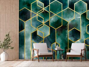 Fototapeta Abstraktní krychle - zlaté geometrické tvary na tyrkysovém pozadí