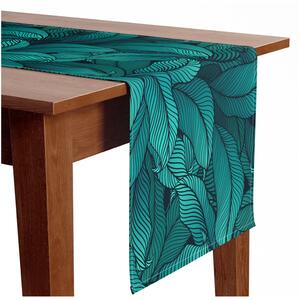 Běhoun na stůl Listnatá hustota - grafický rostlinný vzor v odstínech mořské zeleně na sametovém pozadí