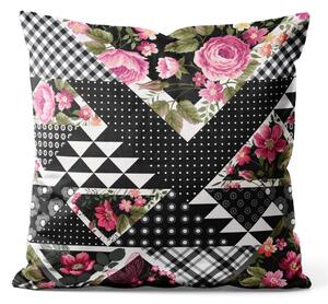 Dekorační velurový polštář Květinový patchwork - geometrický černobílý výřez s květinami