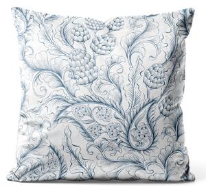 Dekorační velurový polštář Stylizované listy - minimalistický bílo-modrý květinový motiv