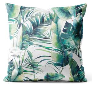 Dekorační velurový polštář Světlé listy - tropická vegetace ve stylu akvarelu na bílém pozadí