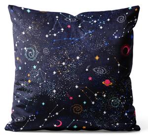 Dekorační velurový polštář Kosmické souhvězdí - souhvězdí, hvězdy a planety na mikrovlákenném pozadí