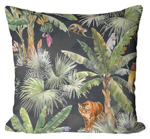 Polštář z mikrovlákna V džungli - kompozice s palmami, tygrem a opicí na tmavém pozadí