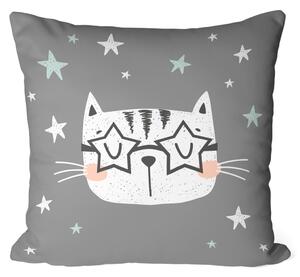 Polštář z mikrovlákna Kočka mezi hvězdami - motiv zvířete na tmavě šedém pozadí