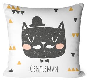 Polštář z mikrovlákna Důstojná kočka - zvíře s kloboukem, trojúhelníky a nápisem Gentleman