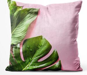 Dekorační velurový polštář Sladké spojení - rostlinná kompozice v odstínech zelené a růžové barvy z mikrovlákna