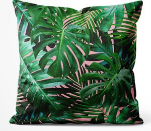 Dekorační velurový polštář Botanická krajka - rostlinná kompozice v zelených a růžových barvách