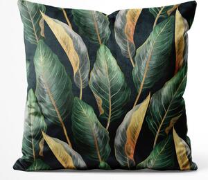 Dekorační velurový polštář Zlato-zelené exotické listy - rostlinný vzor v módním stylu z mikrovlákna