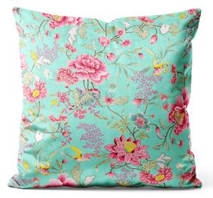 Dekorační velurový polštář Rostlinná arabeska růžová - barevná květinová kompozice