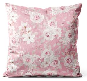 Dekorační velurový polštář Rose embrace - jemný květinový vzor v pastelově růžových odstínech