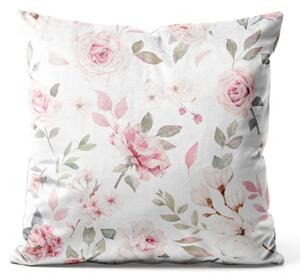 Dekorační velurový polštář Růžové jaro - květy růže a magnólie ve vintage stylu na bílém pozadí