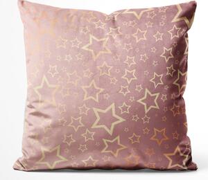 Dekorační velurový polštář Sladké sny - jemný vzor zlatých hvězdiček na růžovém pozadí