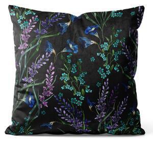 Dekorační velurový polštář Provensálská noc - drobný květinový motiv na černém pozadí welurowá