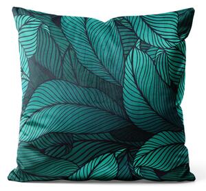 Dekorační velurový polštář Listnaté závoje - grafický rostlinný vzor v odstínech mořské zelené welurowá