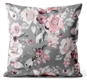 Dekorační velurový polštář Pastelový kyt - subtilní květiny v odstínech šedé a růžové welurowá