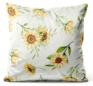 Dekorační velurový polštář Padající slunečnice - květinová kompozice ve vintage stylu