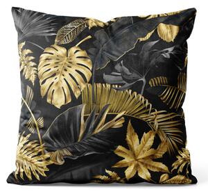 Dekorační velurový polštář Zlaté-černé monstry - tropické listy v glamour stylu welurowá