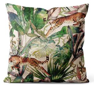 Dekorační velurový polštář Pergamen ze savany - tropická vegetace a gepardi na béžovém pozadí welurowá