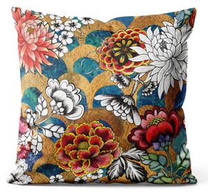 Dekorační velurový polštář Orientální zahrada - květy jiřinek v grafickém stylu na abstraktním pozadí
