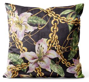 Dekorační velurový polštář Uvázané lilie - květinová kompozice se zlatými řetízky