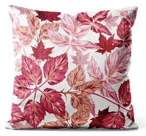 Dekorační velurový polštář Podzimní listy - kompozice červených javorových listů na bílém pozadí