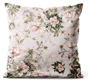 Dekorační velurový polštář V růžové zahradě - květinová kompozice v zeleno-růžových tónech