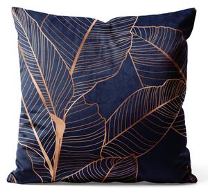 Dekorační velurový polštář Abstrakce s listy - rostlinný motiv na tmavě modrém pozadí welurowá
