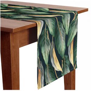 Běhoun na stůl Zlaté a zelené exotické listy - rostlinný vzor v moderním stylu