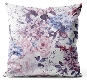 Dekorační velurový polštář Jarní kompozice - květiny v odstínech růžové a modré welurowá