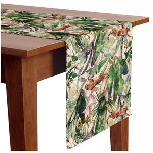 Běhoun na stůl Pergamen ze savany - tropické rostliny a gepardi na béžovém pozadí