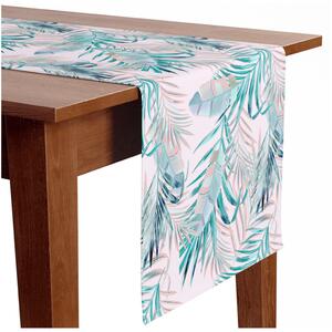 Běhoun na stůl Listy - kompozice udržovaná v odstínech zelené a fialové barvy