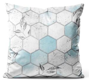 Dekorační velurový polštář Jemné šestiúhelníky - kompozice v odstínech bílé a modré barvy