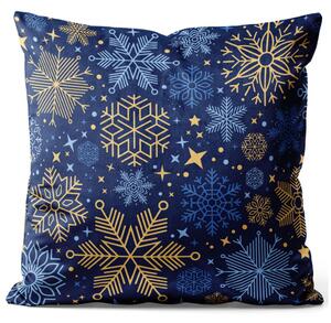 Dekorační velurový polštář Zimní elegance - modré a zlaté hvězdičky, větve a květiny