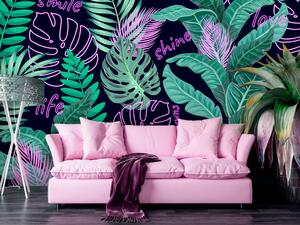 Fototapeta Neonová džungle - listy a nápisy v jasně růžové a zelené barvě