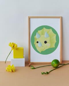 Plakát Triceratops (21x30cm) A4, Plakát do dětského pokoje, Plakát s dinosaurem, Ručně kreslený obrázek, Plakát na zeď pokojíčku Barva: Zelená