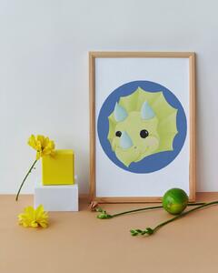 Plakát Triceratops (21x30cm) A4, Plakát do dětského pokoje, Plakát s dinosaurem, Ručně kreslený obrázek, Plakát na zeď pokojíčku Barva: Tmavě modrá