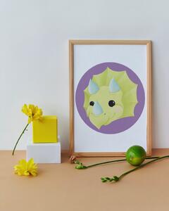 Plakát Triceratops (21x30cm) A4, Plakát do dětského pokoje, Plakát s dinosaurem, Ručně kreslený obrázek, Plakát na zeď pokojíčku Barva: Fialová