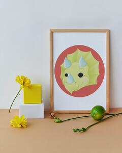 Plakát Triceratops (21x30cm) A4, Plakát do dětského pokoje, Plakát s dinosaurem, Ručně kreslený obrázek, Plakát na zeď pokojíčku Barva: Červená
