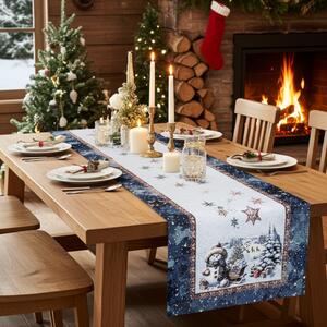 Luxusní vánoční gobelínový běhoun na stůl s lurexem – Magický Santa a sněhové vločky Barva Vícebarevná Rozměry 45x90 cm