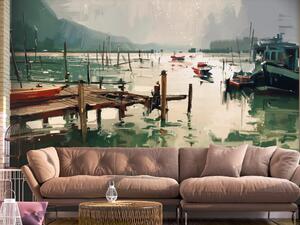 Fototapeta U jezera - malířská skica, ráno, krajina s lodí a horami v pozadí