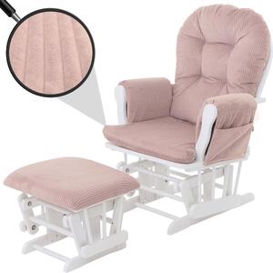 Relaxaní křeslo HWC-C76, houpací křeslo houpací křeslo s taburetem tkanina kord 320g/m² Oeko-Tex rový rám bílý
