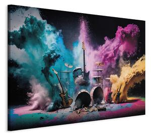 Obraz XXL Rockový koncert - vybuchující nástroje na pódiu v barevném prachu