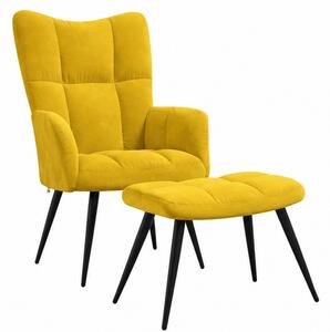 Křeslo relaxační, s podnožkou, odpočinkové, ušák, kov/samet, 98x63x69 cm, černá/hořčicově žlutá, Dekorino KR20260019
