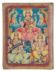 Starý obraz v teakovém rámu, Lakšmí, Saraswatí, Ganéš, 27x2x34cm