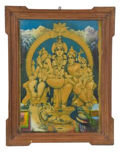 Starý obraz v teakovém rámu, Šiva, Ganéš, Parvati, Kartik, 41x2x51cm
