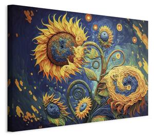 Obraz XXL Slunečnice v noci - květinová kompozice v stylu van Gogha