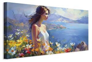 Obraz XXL Žena proti moři - květinová horská krajina ve stylu Moneta