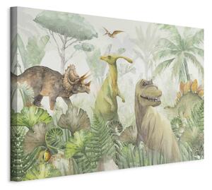 Obraz XXL Dinosauři - akvareloví plazi v prehistorické džungli v zelené barvě