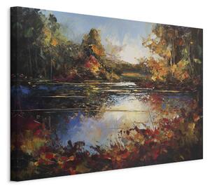 Obraz XXL Podzimní jezero - oranžovo-hnědá krajina inspirovaná Monetovým dílem